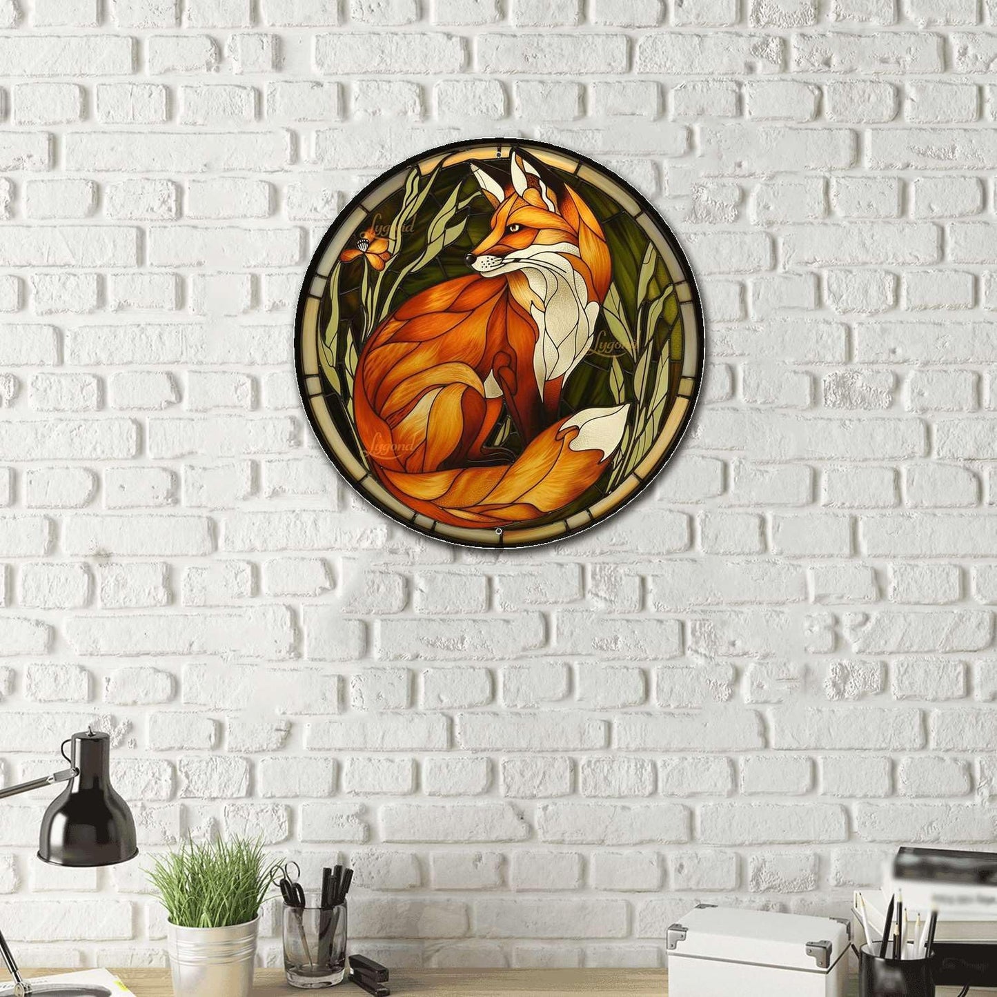 Lygond Metal Sign Tin Sign Circular Stained Glass Red Fox Wall Art for Bar 8×8 Inches