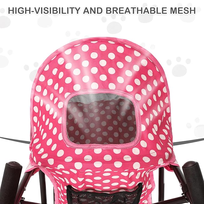 MoNiBloom 4 Wheels Pet Stroller, Easy-Fold Umbrella Shaped Dog Cat Jogger Stroller w/Storage Bag & Visible Mesh for Small/Medium Dogs Cats Hot Pink Polka Dots