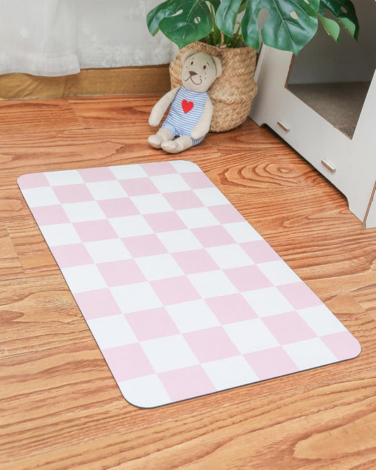 Ralxion Checkered Dog Feeding Mat, Absorbent Mats for Dog Food and Water Bowl, Dispenser, Feeder, Retro Aesthetic Pastel Pink Checkerboard Pet Placemat for Dogs, Cats, Puppy Accessories, 16" X 24”