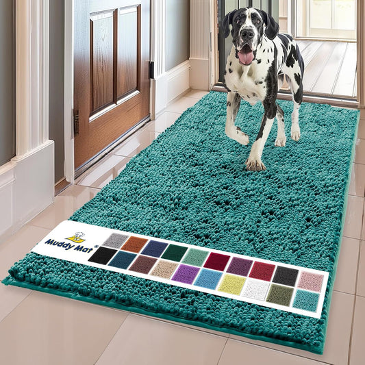 Muddy Mat® Original Dog Door Mat for Muddy Paws, Super Absorbent Microfiber, Non-Slip Washable Pet Rug, Quick Dry Chenille Entryway Carpet, Machine Washable Indoor Outdoor mat, Teal 35"x60"