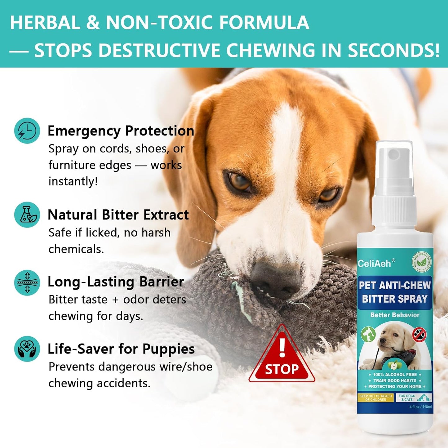 Bitter Apple Spray for Dogs 118 ML - Stop Chewing & Licking, Puppy Training Aid, No Chew Deterrent for Furniture, Shoes, Wounds - Safe Formula for Indoor & Outdoor Use