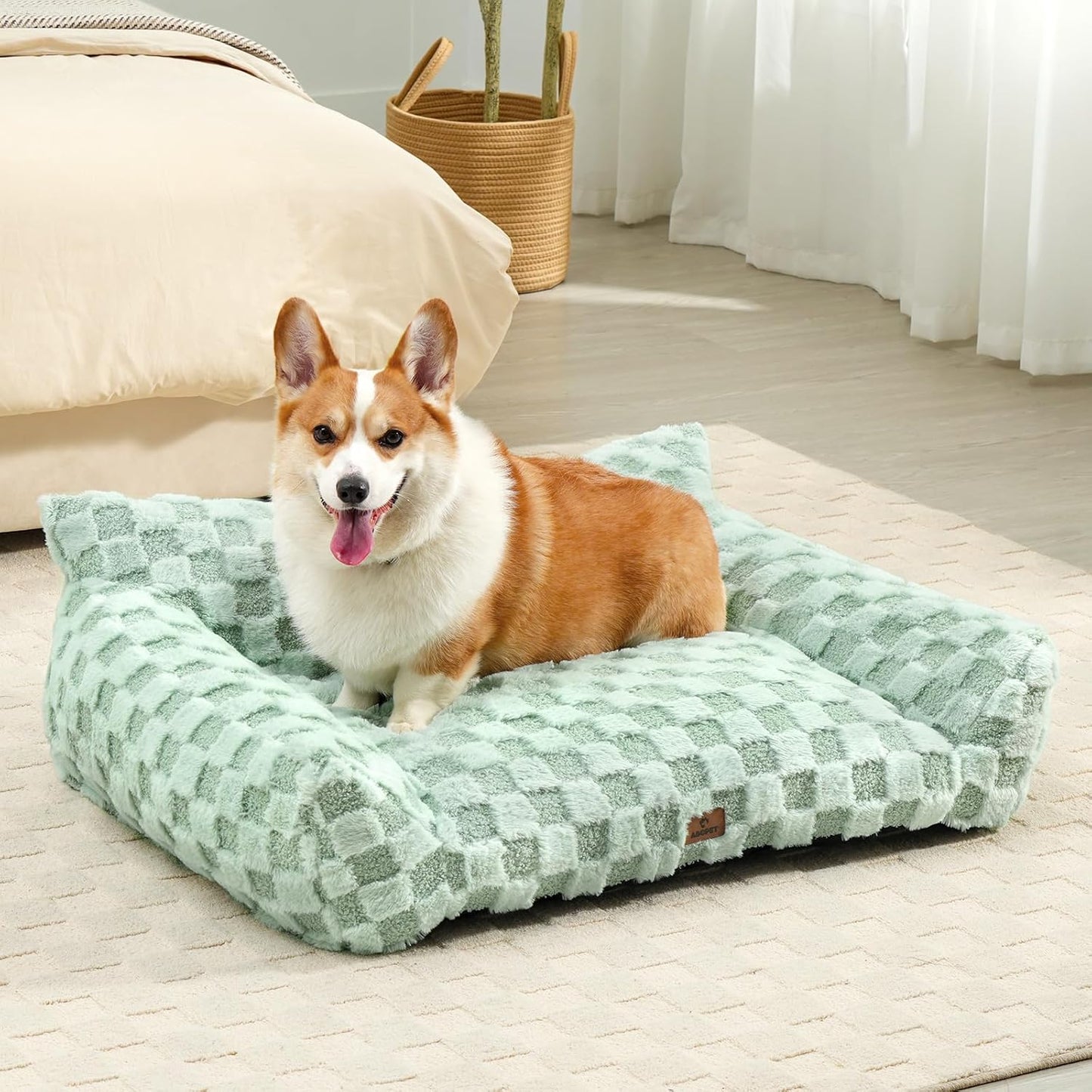 Large Dog Bed Sofa, Fluffy Pet Bed for Medium and Large Dogs, Supportive Dog Couch Sofa for Dogs, Pet Sofas with Washable Cover & Non-Slip, 38 inch, Green
