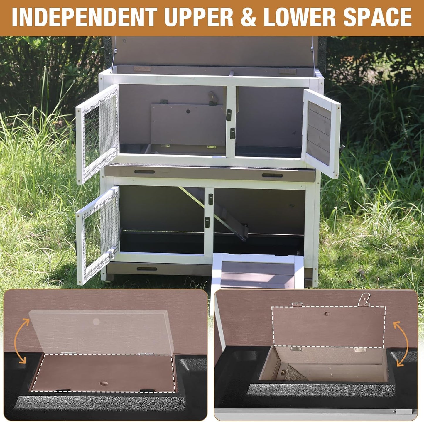 Rabbit Hutch Indoor Outdoor, Bunny Cage with Casters, Guinea Pig Cage Bunny Hutch with Two Plastic Trays 36inch-Brown