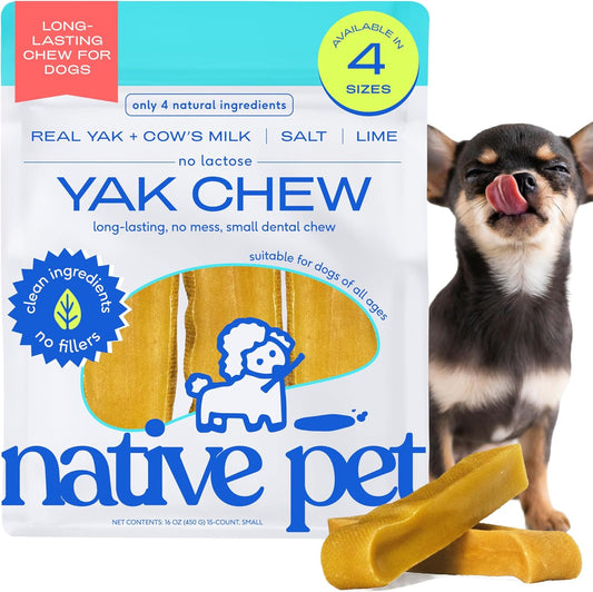 Native Pet Yak Cheese Himalayan Dog Chews - Long Lasting Dental Sticks for Small Breeds– 100% All Natural Himalayan Yak Chews for Small Dogs – Cheese Bone for Aggressive Chewers - 15 Per Pack