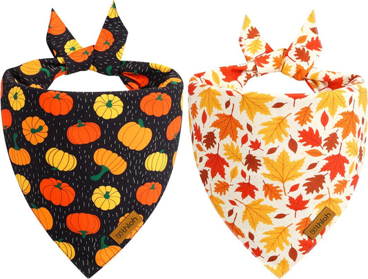 Fall Dog Bandanas - 2 Pack Halloween Thanksgiving Dog Bandana | Reversible Pumpkin and Leaf Pet Scarf for Boy & Girl | Premium Durable Fabric | Holiday Bandana for Small and Medium Dogs (Small)
