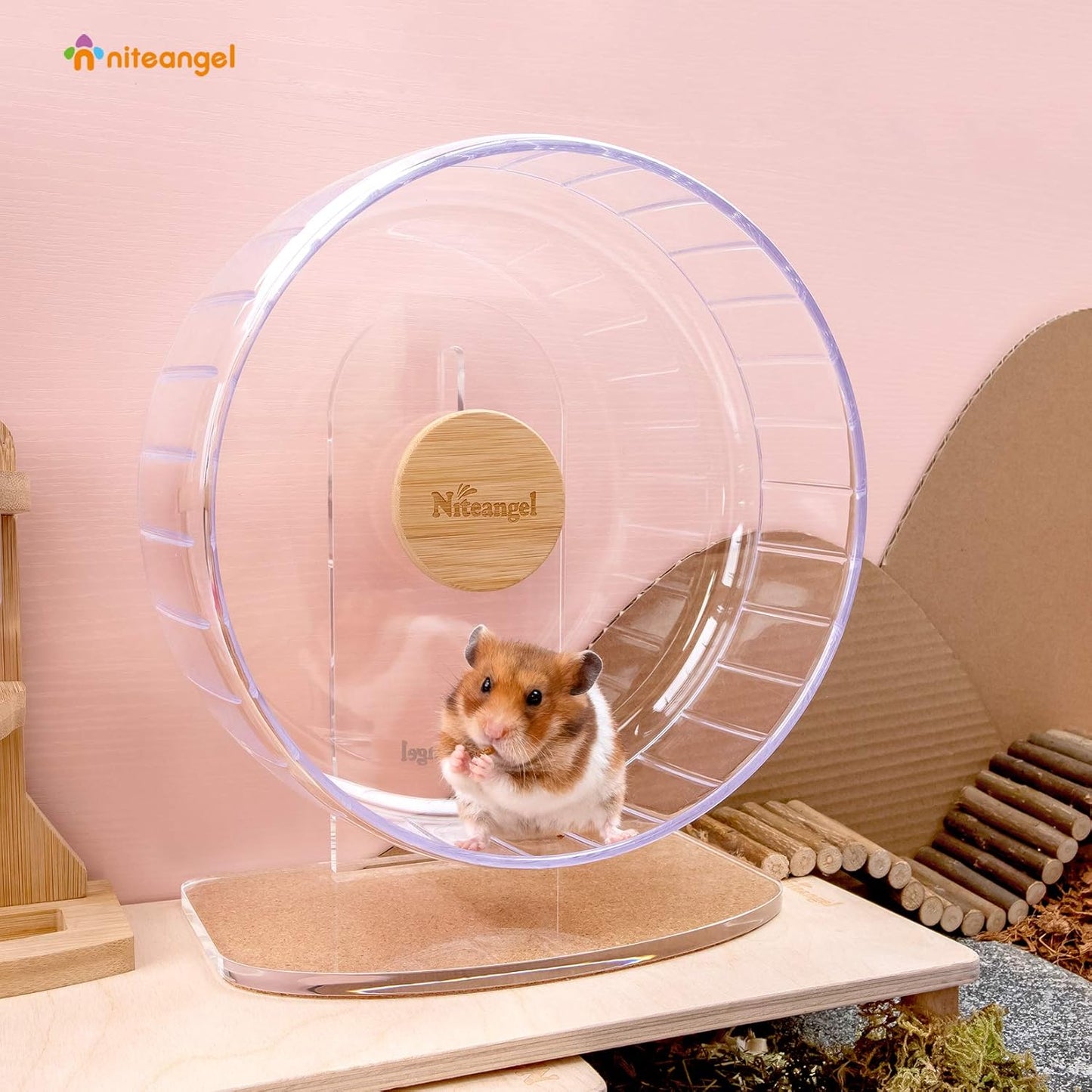 Niteangel Super-Silent Hamster Exercise Wheels - Quiet Spinner Hamster Running Wheels with Adjustable Stand for Hamsters Gerbils Mice Or Other Small Animals (M, Transparent)