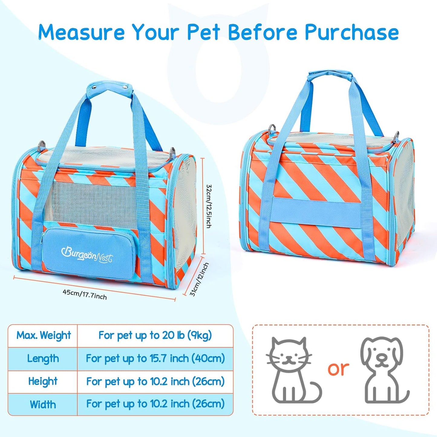 BurgeonNest Cat Carrier, Dog Cat Carriers for Large Medium Cats Under 20 lbs, Soft Sided Pet Carrier, Collapsible Travel Carry Puppy Kitten Cat Carrier with Big Side Bag (Medium, Blue-Orange)