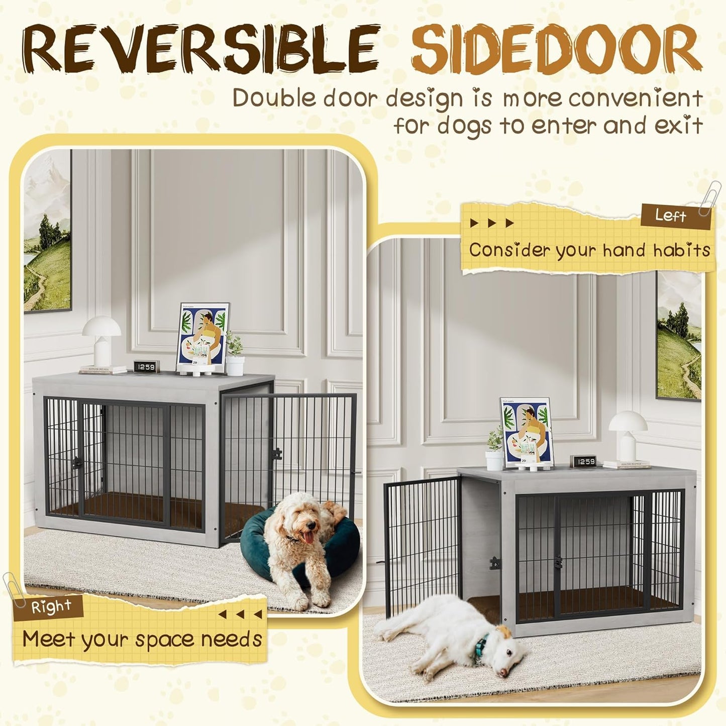 Bigrab Dog Crate Furinture with Thick Cushion, Side End Table Wooden Dog Cage with Double Doors, Chew-Resistant Dog Kennel Dog House Indoor for Small to Large Dog, M (Grey)