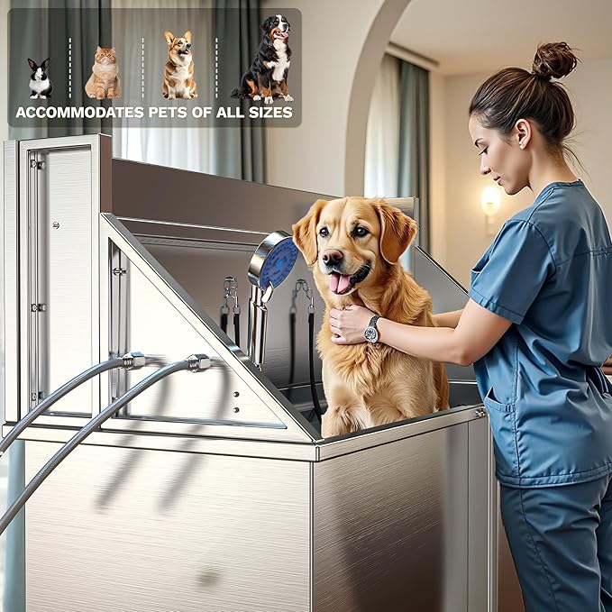 DWVO Professional Dog Bathing Station Stainless Steel 304 Dog Bathtub 50in for Grooming w/Left Door Ramp, 2 Storage Drawers, Faucet, Grate, Pet Washing Station for Large, Medium, Small Pets