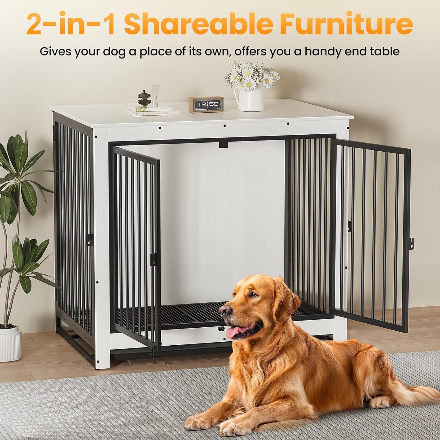 Dog Crate Furniture, Large Dog Crate Furniture, Wooden Cage Kennel Furniture Indoor, Modern Dog Crate with Multi-Purpose Removable Tray, Double-Doors Dog Furniture, End table dog crate, White