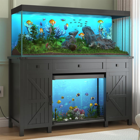 55-75 Gallon Aquarium Stand With Charging Station, Farmhouse Fish Tank Stand, Reptile Tank Stand Terrarium Stand with Drawer and Cabinet Storage, Sturdy Heavy Duty 53.5"×19.7" Tabletop - Black
