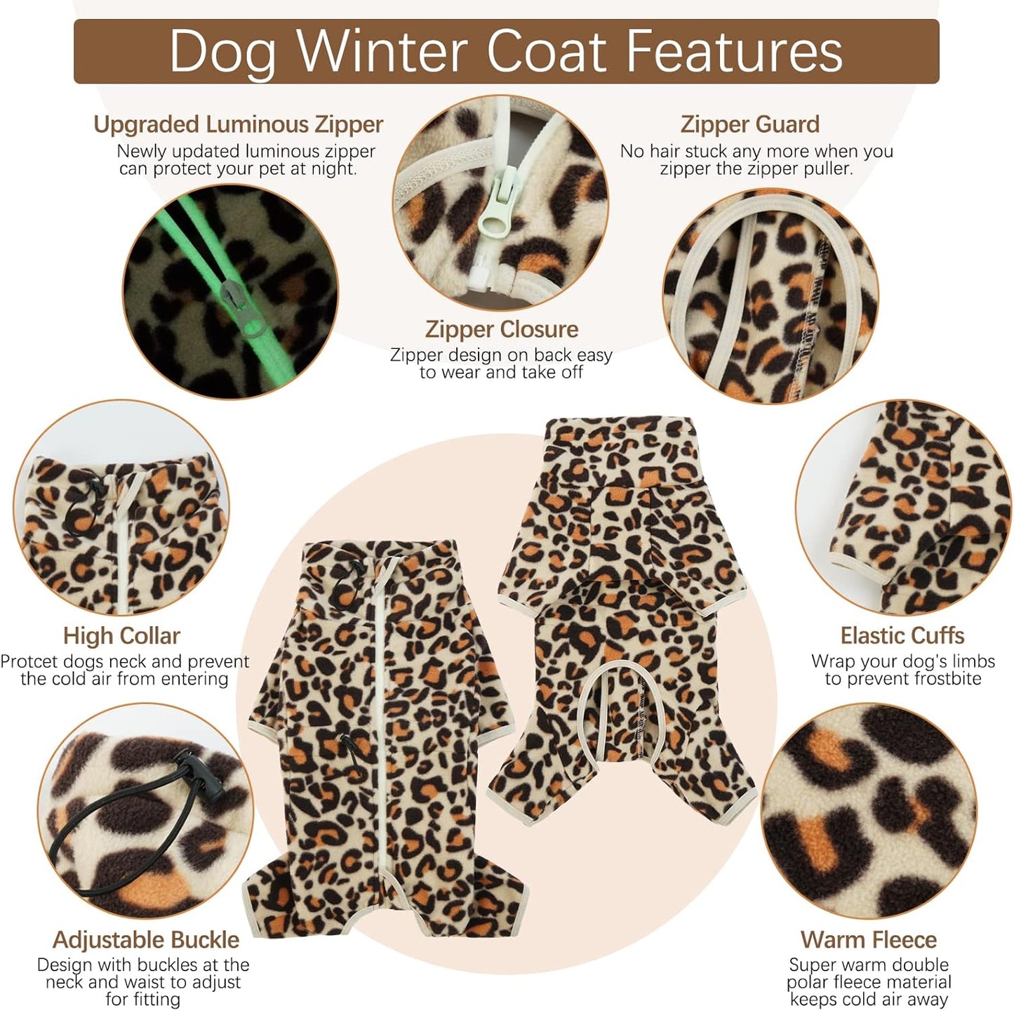 ROZKITCH Dog Winter Coat with Legs, Pet Windproof Warm Cold Weather Jacket Vest with Luminous Zipper, Jumpsuit Apparel Outfit Clothes for Small Dog Brown 2XS