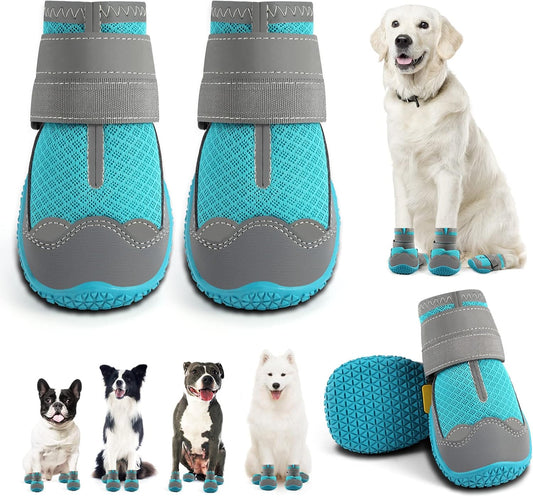 Dog Shoes for Large Dogs, Medium Dog Boots & Paw Protectors for Hardwood Floors, Outdoor Dog Booties for Hot Pavement Winter Snow Hiking, Breathable Dog Shoes with Reflective Strips Size 4