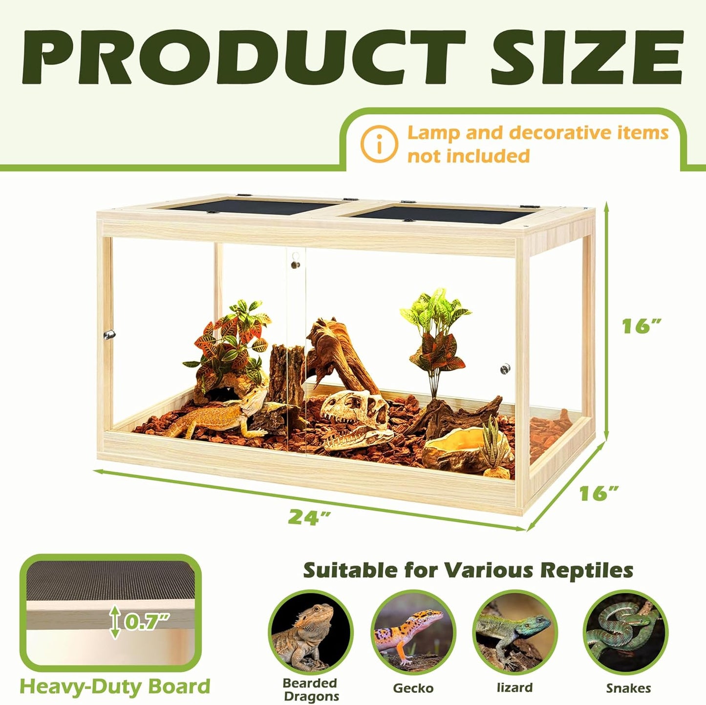 Prolee Tempered Glass Bearded Dragon Tank,Reptile Encloure and Snake Tank with Metal Mesh Roof Door,Locking Design Reptile Tank for Lizard,Gecko,Chameleon (Oak, 28 Gallon (24x16x16 Inch))