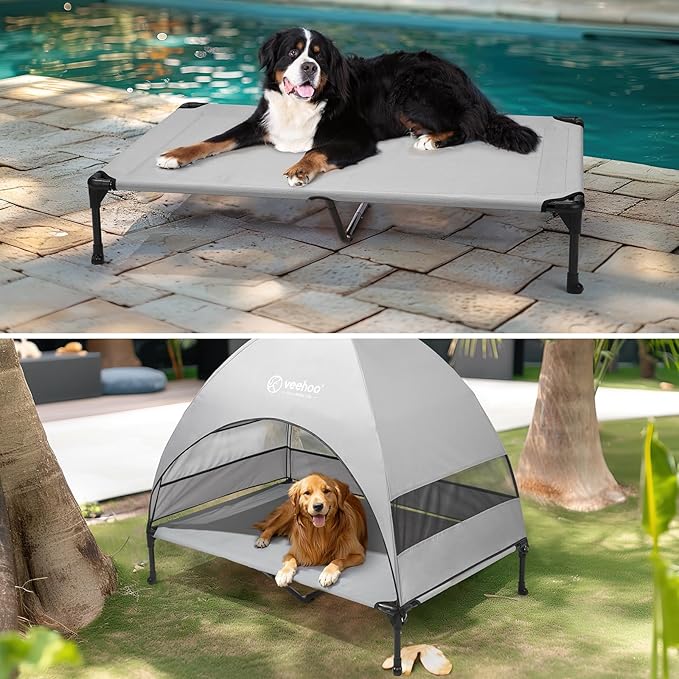Veehoo Outdoor Dog Bed with Canopy, Cooling Elevated Pet Cot with Removable Shade, Non-Slip Feet, Raised Dog Cot for Large Dogs, Pet Tent Bed for Camping, Beach, XLarge, Grey, CWC2411