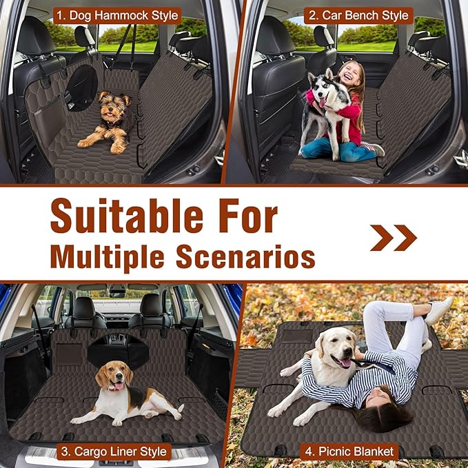 Waterproof Dog Car Seat Cover - Scratch Proof Nonslip Back Seat Hammock with Mesh Window & Storage Pocket for SUVs/Trucks/Sedans-S, Brown/Black