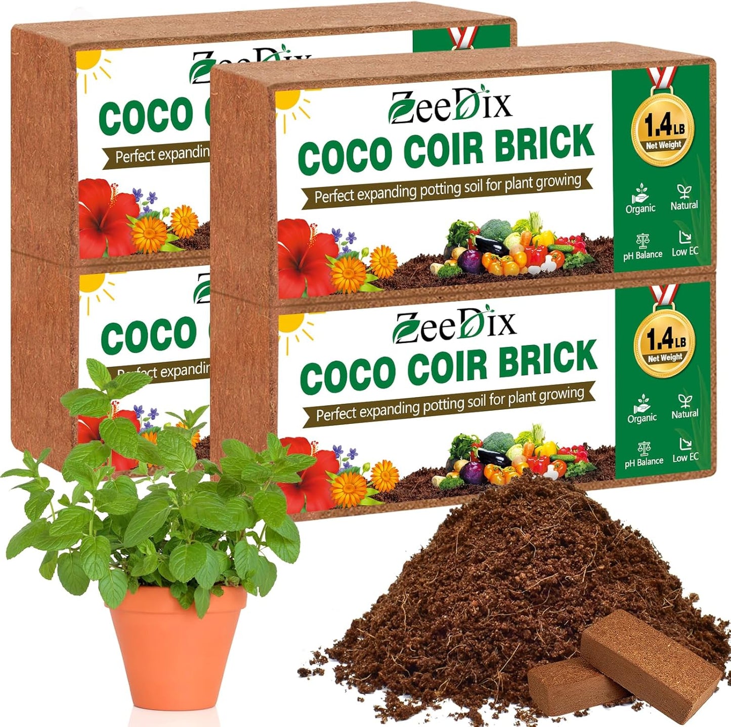 ZeeDix 4 Pcs Premium Coco Coir Brick - 100% Organic Compressed Coconut Coir Starting Mix, Coco Fiber with Low EC and PH Balance for Gardening, Potting Soil, Herbs