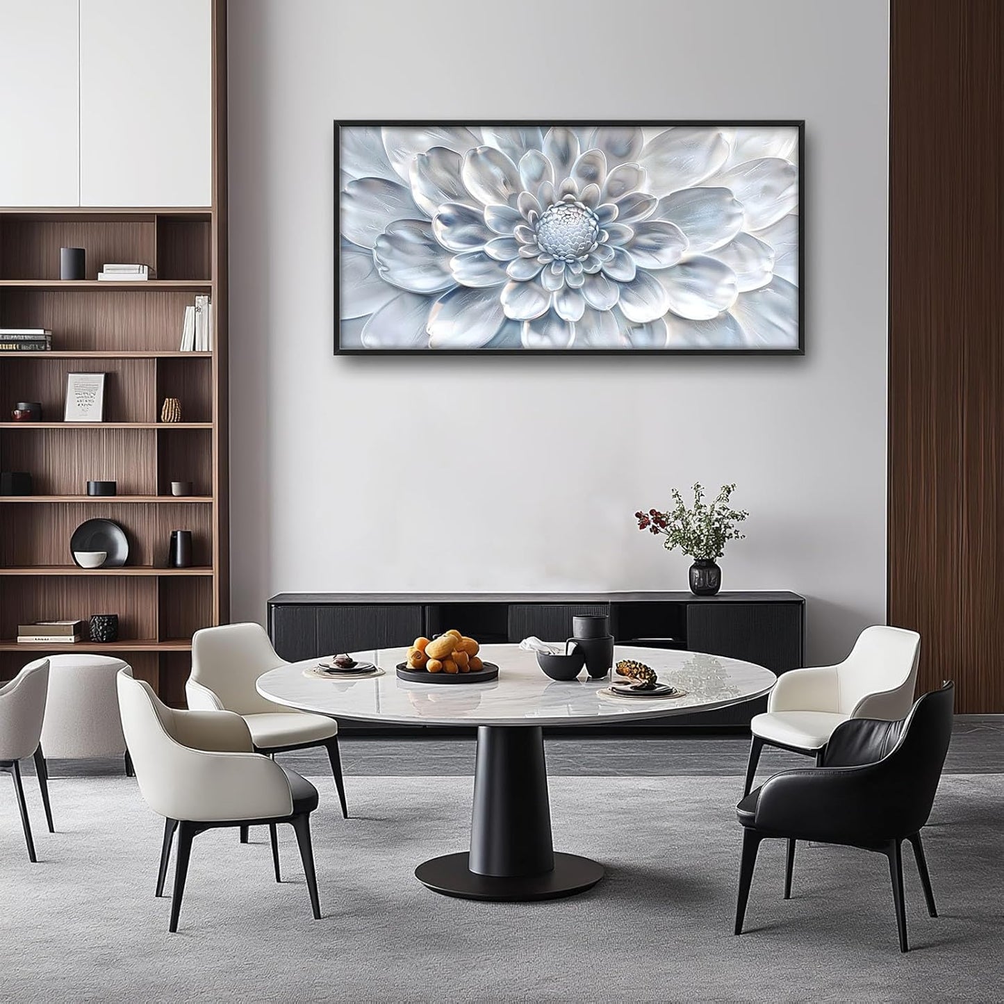 Abstract Flower Large Wall Art White Silver Floral Pictures Wall Decor Neutral Canvas Print Painting Artwork for Bathroom Living Room Bedroom 60L" x 30W"