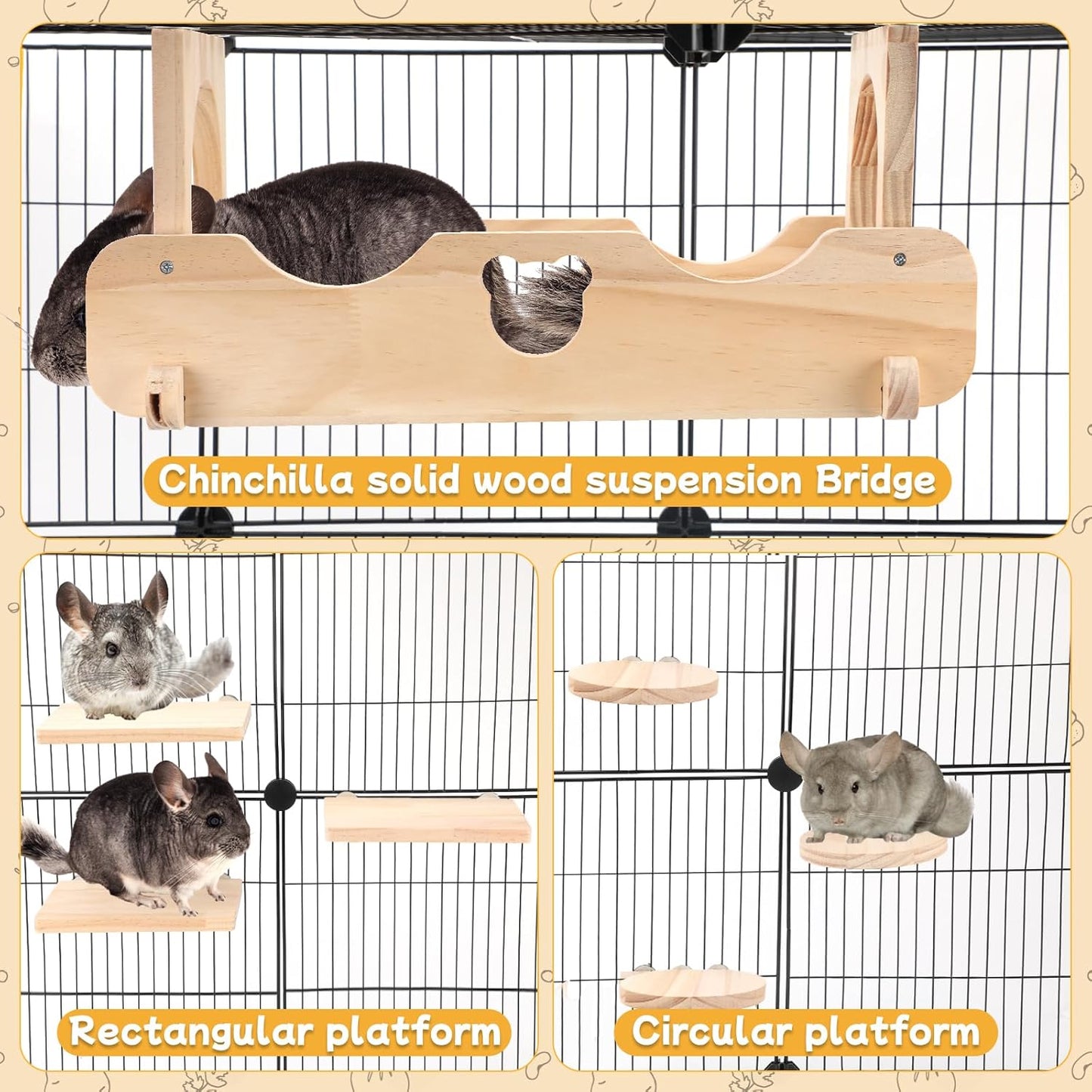 BWOGUE Chinchilla Suspension Bridge, Hanging Large Small Animal Wooden Bridge and Platform, Chinchilla Ledges and Platforms Set for Sugar Gliders, Squirrels, Chinchillas Habitat Toy