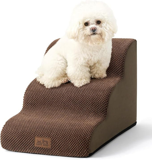 Dog Stairs for Small Dogs 15.7" H, Curved Dog Step for Puppy, Older Cat, Medium Pet Ramp for Sofa, Couch or Chair, Ladder with High Density Foam, 15.7x22.4x15.7 inch, 3 Step, Brown