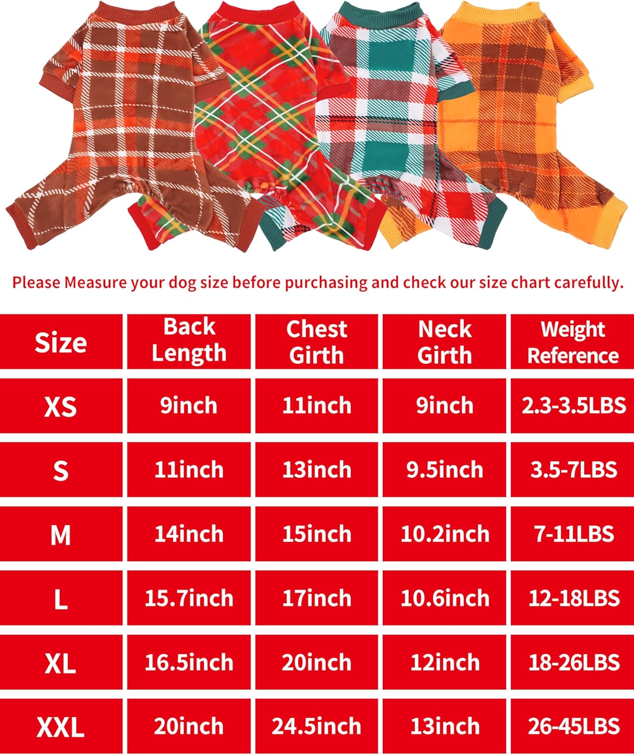 PET SHOW 4 Pack Small Dog Pajamas Holiday Dog Clothes for Medium Dogs Girl Boy Soft Stretchy PJs Plaid Jumpsuit Puppy Cats Fall Onesies Christmas Outfits with Sleeve Pets Dachshund Costume(M, Plaid)