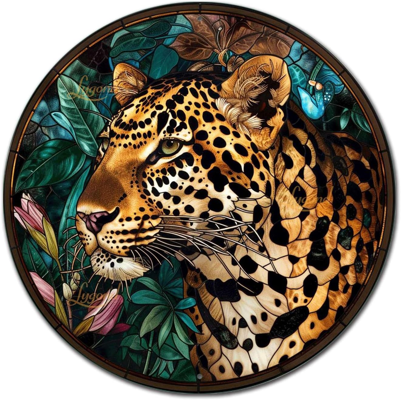 Lygond Metal Sign Tin Sign Circular Stained Glass Leopard Metal Signs Vintage For Restaurant 8×8 Inches