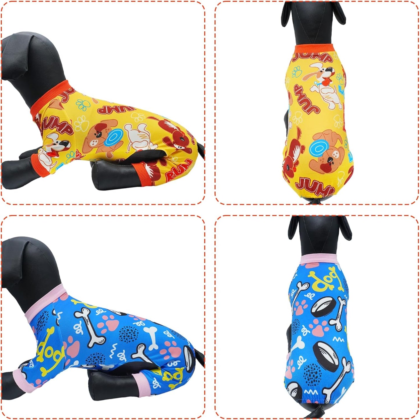 2PCS Dog Pajamas for Extral Large Dog Pjs Clothes Puppy Onesies Outfits Pet Jammies Boy Girl Male Female Apparel Breathable Paw Bone Blue Yellow Print XL