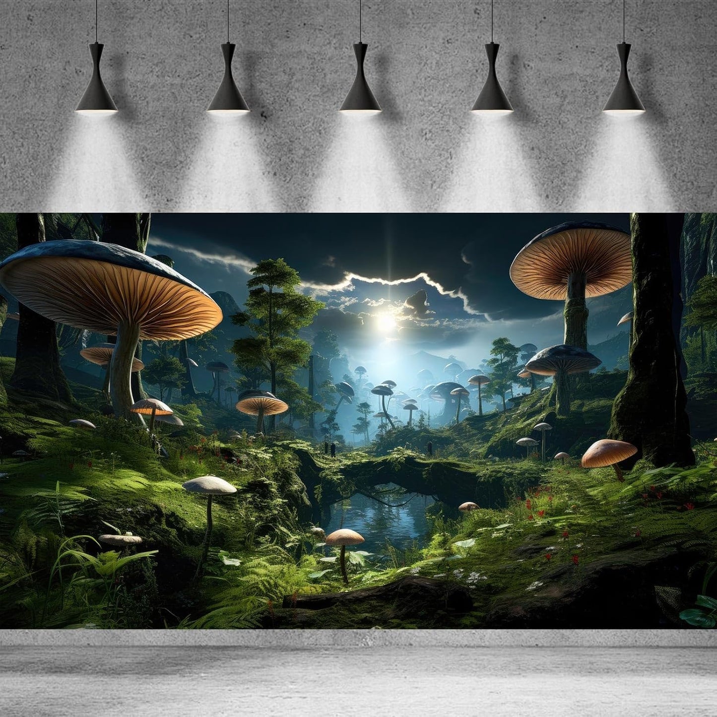 Fantasy Mushrooms Landscape Aquarium Background Tranquil Stream Cloudy Sky Terrarium Background Lush Green Tropical Plants Trees Fish Tank Backdrop Decoration Tank Background Poster 72x24in