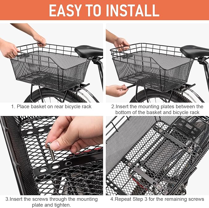 Rear Bike Basket - Large Bicycle Rear Basket with Cargo Net and Waterproof Cover, Wire Bike Baskets Rear Large Capacity (NO Bike Rack Include)