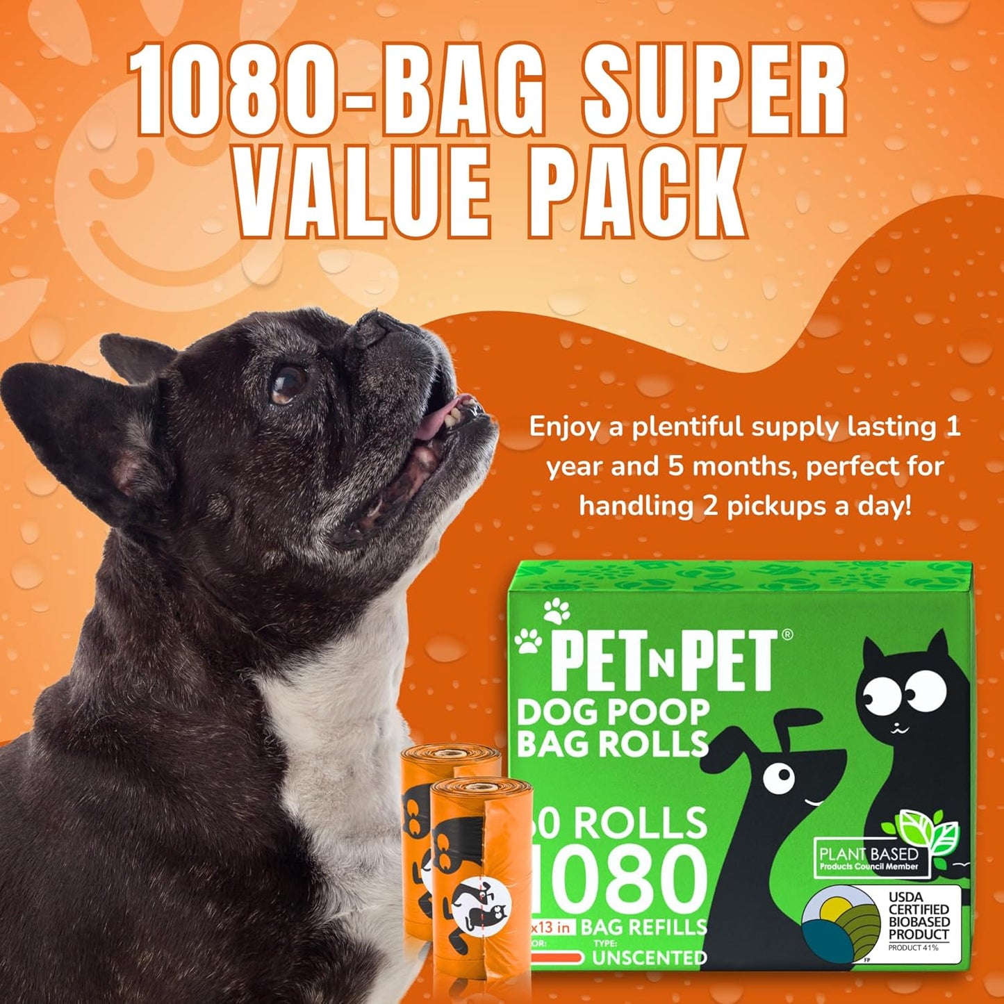 Pet N Pet 1080 Counts Orange Poop Bags for Dogs, 41% Plant Based & 59% PE Extra Thick Dog Poop Bags Rolls, 9" x 13", Unscented Pet Waste Bag