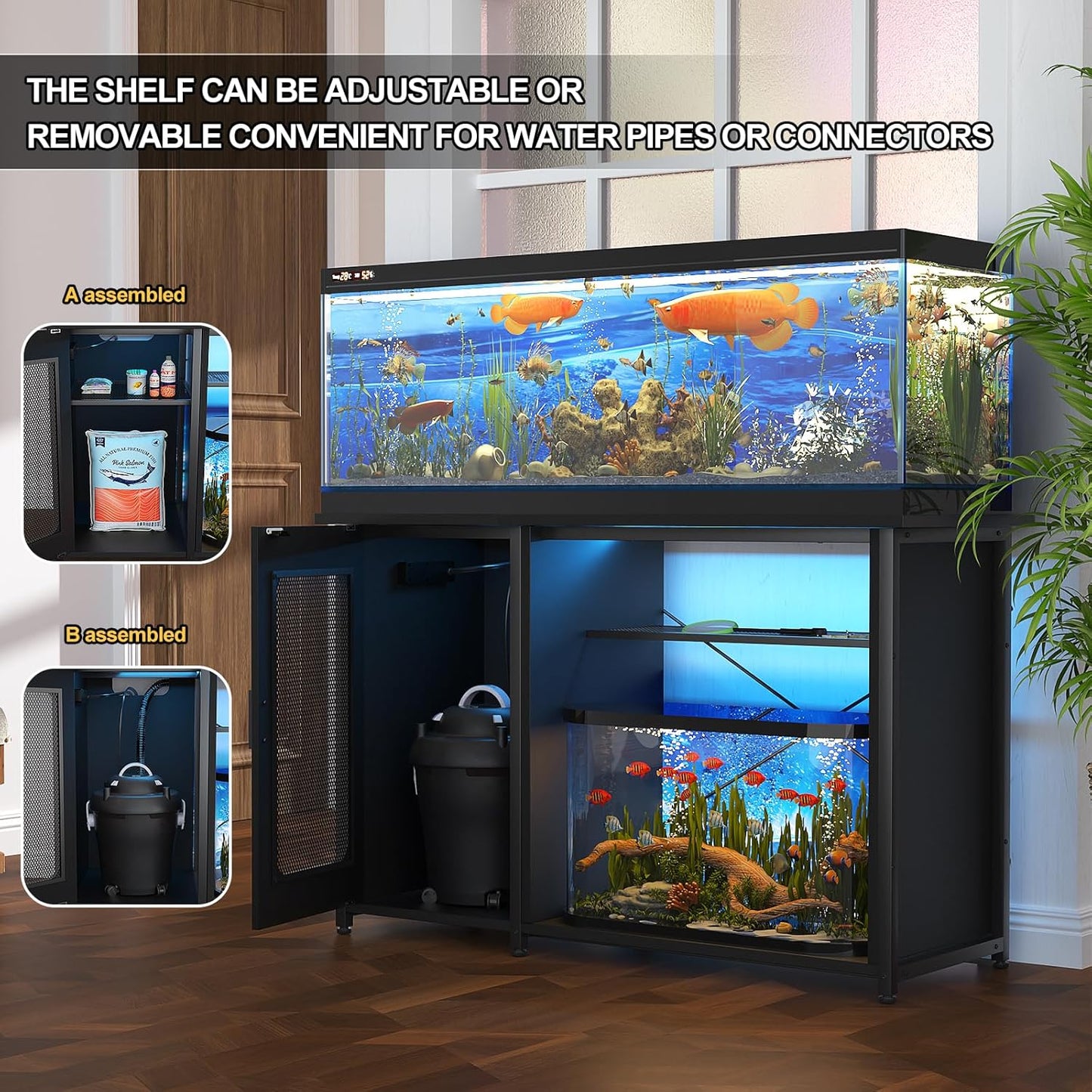 55-75 Gallon Fish Tank Stand with Power Outlets & LED Light, Reversible Heavy Duty Metal Aquarium Stand with Cabinet for Fish Tank Accessories Storage, Turtle/Reptile Terrariums, Black