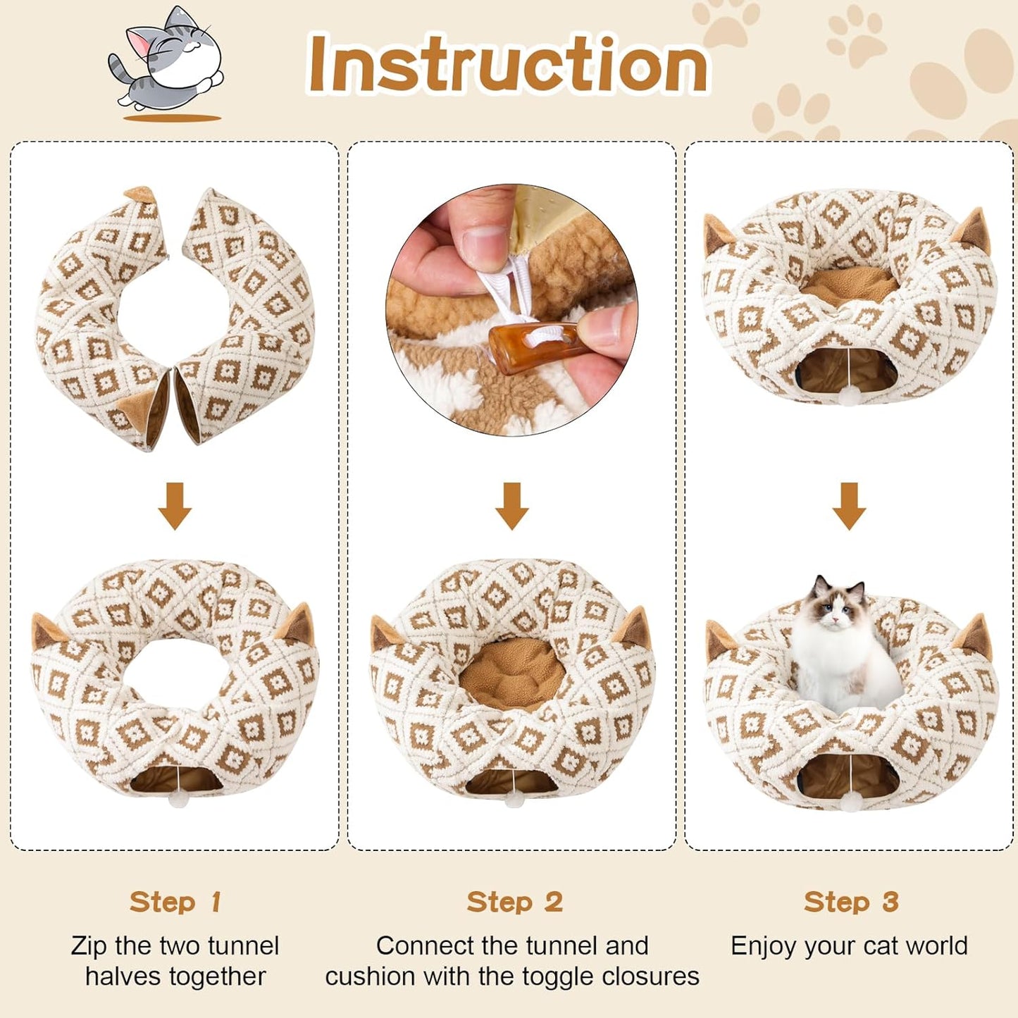 Cat Tunnel Bed for Indoor Cats, Cat Donut Tunnel with Washable Cushion, Peekaboo Cat Cave Toy, Multifunctional Playground Toys for Kittens, Rabbit, Brown Jacquard Pattern