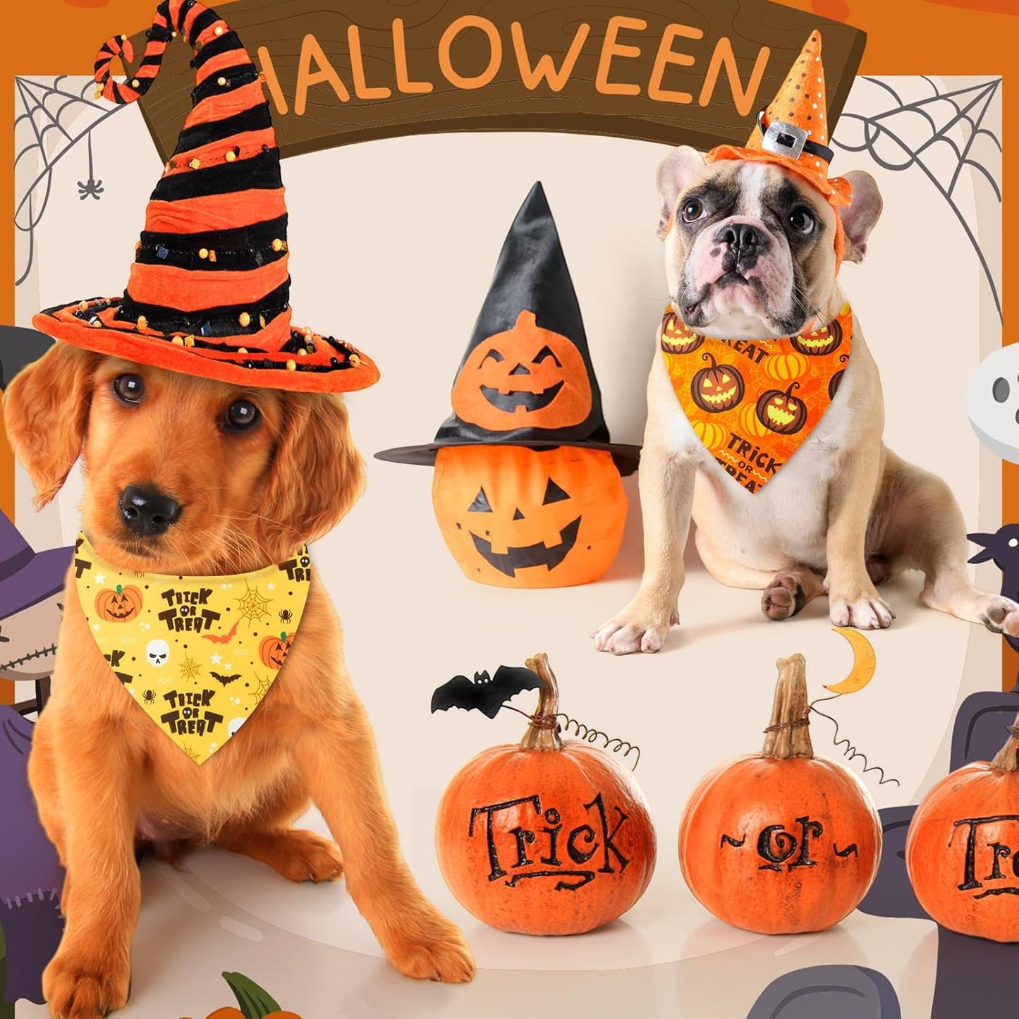 Weewooday 50 Pcs Halloween Dog Bandanas Bulk Pumpkin Ghost Bandanas for Dogs Soft Triangle Bibs Adjustable Triangle for Small Medium Large Pets Halloween Party Costume(25.6 x 17.7 x 17.7 inch)