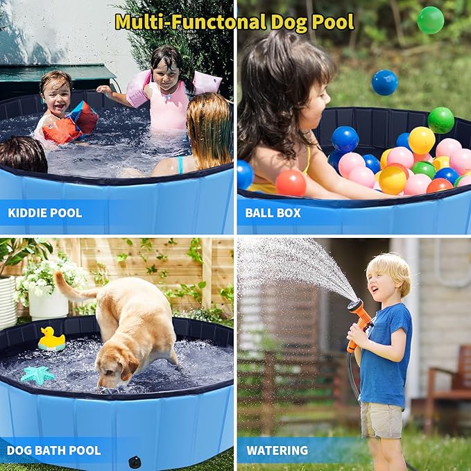 Foldable Dog Pool, 79" x 14" Large Kiddie Pool with Hard Plastic, Non-Slip Dog Bath Tub for Outdoor Backyard, Collapsible Dog Swimming Pool for Kids Dogs Pets (Blue)