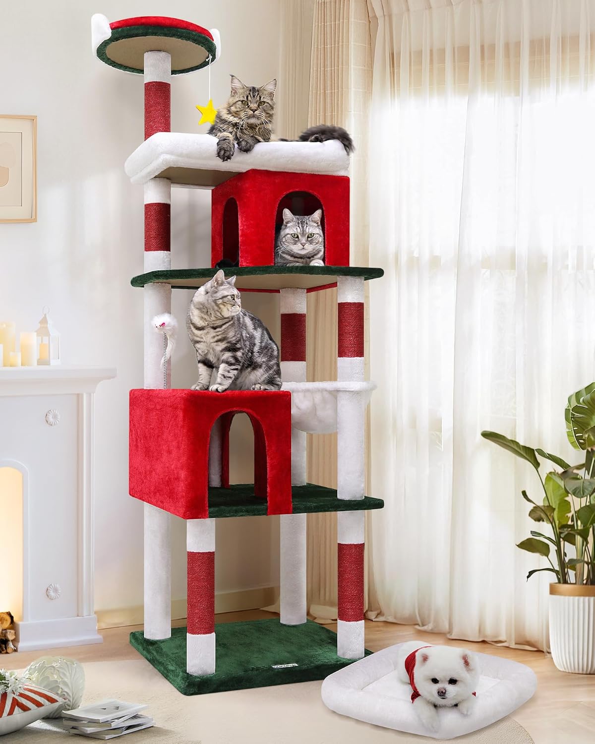 Globlazer Heavy Duty Cat Trees for Large Cats, Sturdy 72in Maine Coon Cat Tree for Large 20 lbs+ Heavy Duty Cat Tower for Adult Biggest Cats with 6 Scratching Posts, Hammock, S72, Red White Green