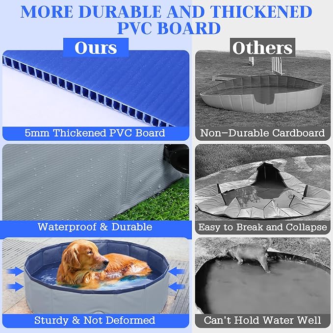 Foldable Dog Bath Swimming Pool 63'' Plastic Kiddie Pool Professional Tub Collapsible Grooming Bathtub for Pets Kids Baby and Toddler, 63 x 12 Inches Gray