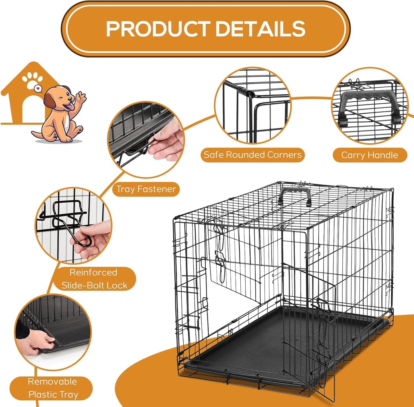 Dog Crate, 36 Inch Medium Wire Kennel with Divider Panel, Metal Cages with Double Door, Leak-Proof Pan Tray, Folding Portable for Indoor Outdoor Travel