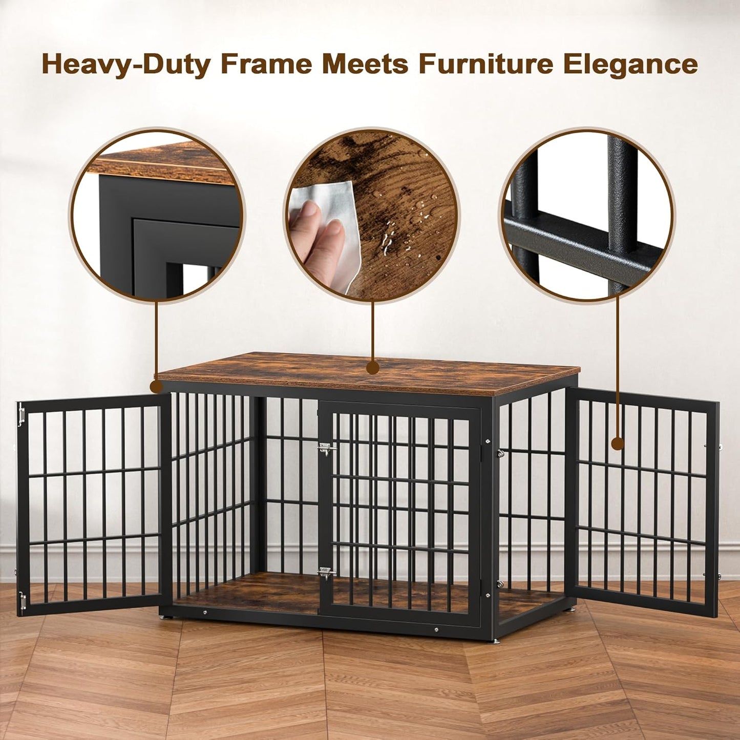 48 Inch Rustic Heavy Duty Dog Crate Furniture for Extra Large Dogs, Decorative Pet House End Table, Wooden Cage Kennel Furniture Indoor, Black and Brown