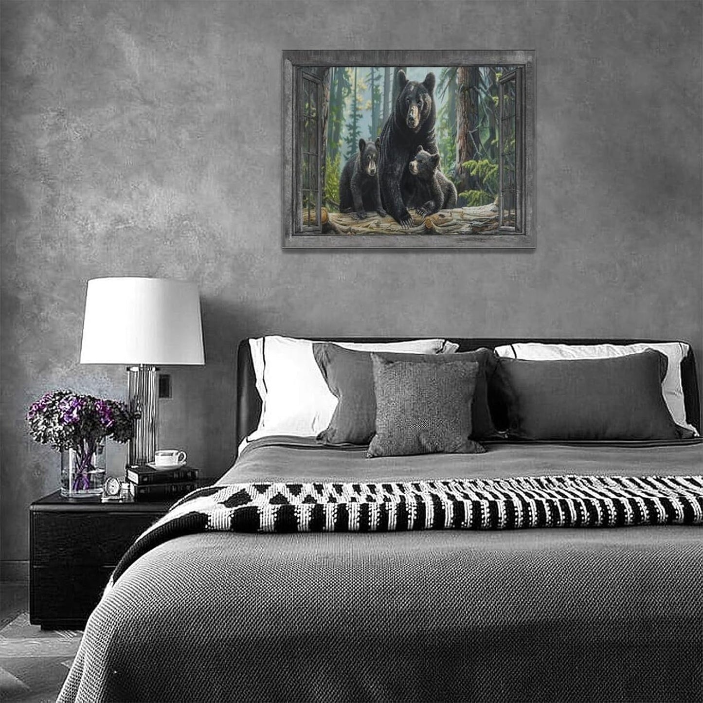 Black Bear Wall Art Forest Window Canvas Cabin Living Room Pictures Prints Animal Wall Decor Painting Artwork for Bedroom Dining Office Home 16"x12"