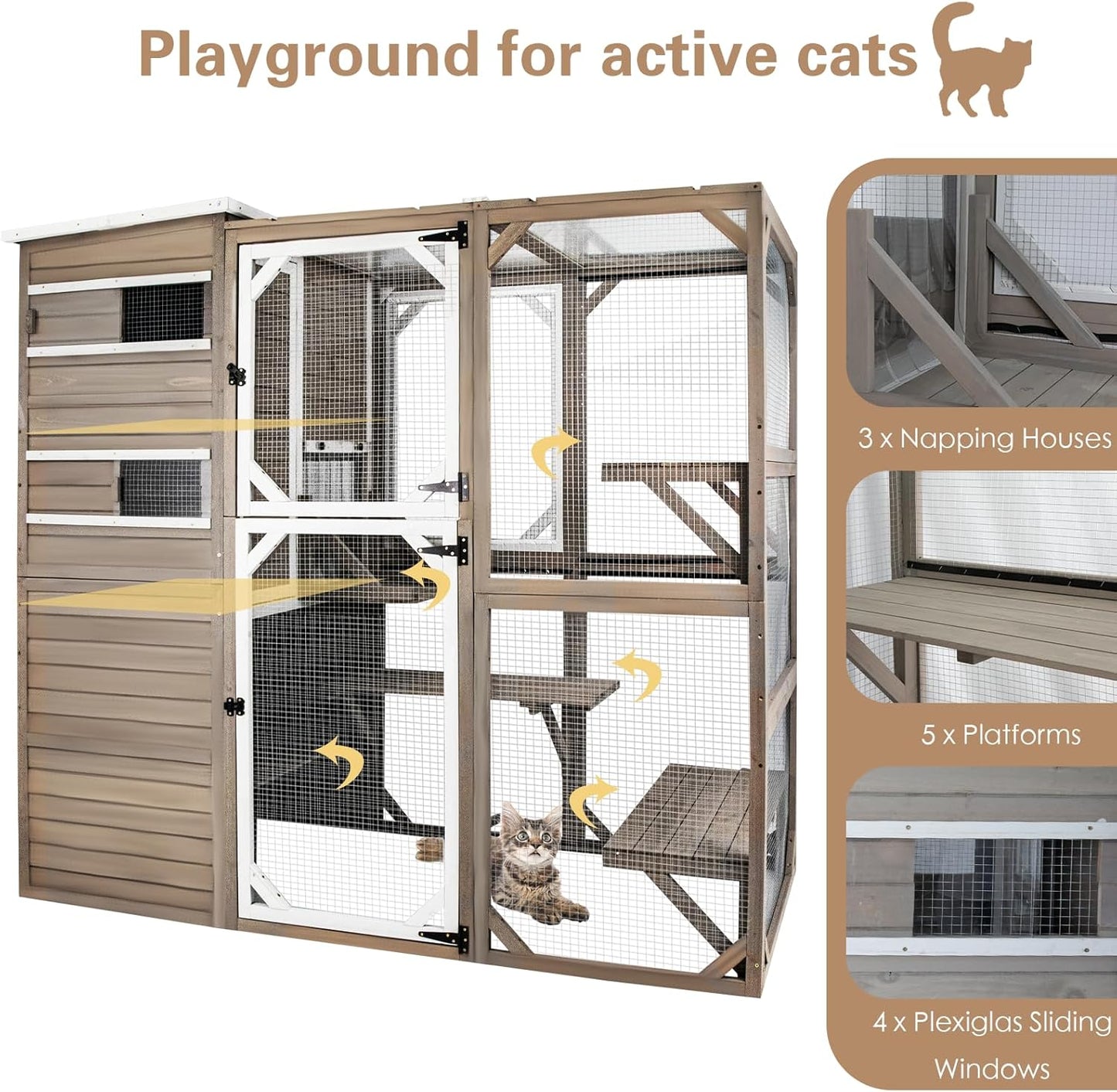 Catio Outdoor Cat Enclosure, Large Cat House Cat Cage Condo Indoor Playpen Kitty Shelter with Multi-Level Platforms, Waterproof Roof, Pull-Out Tray, and 2 Resting Boxes