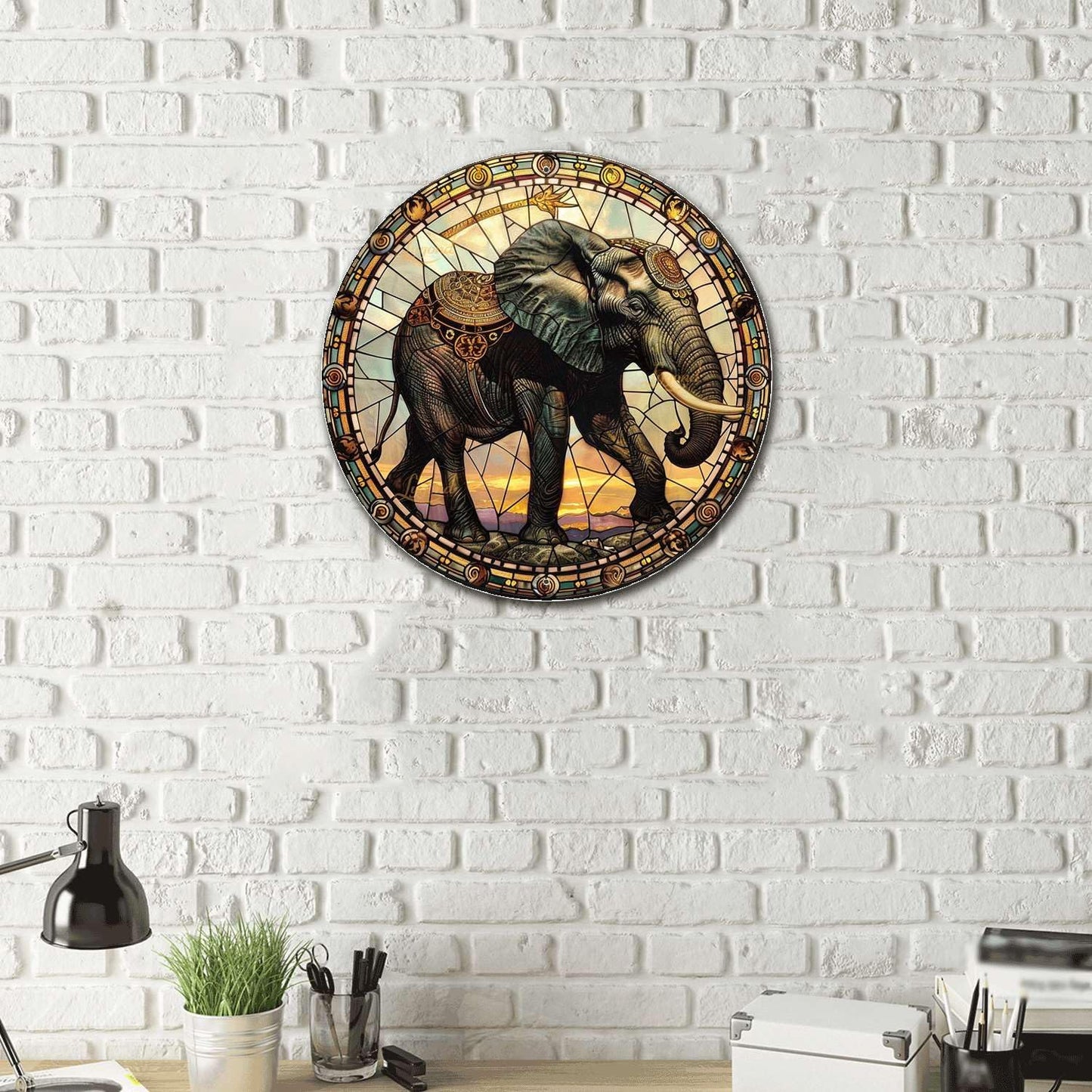 Lygond Metal Sign Tin Sign Circular Stained Glass Elephant Metal Sign for Club 12×12 Inches
