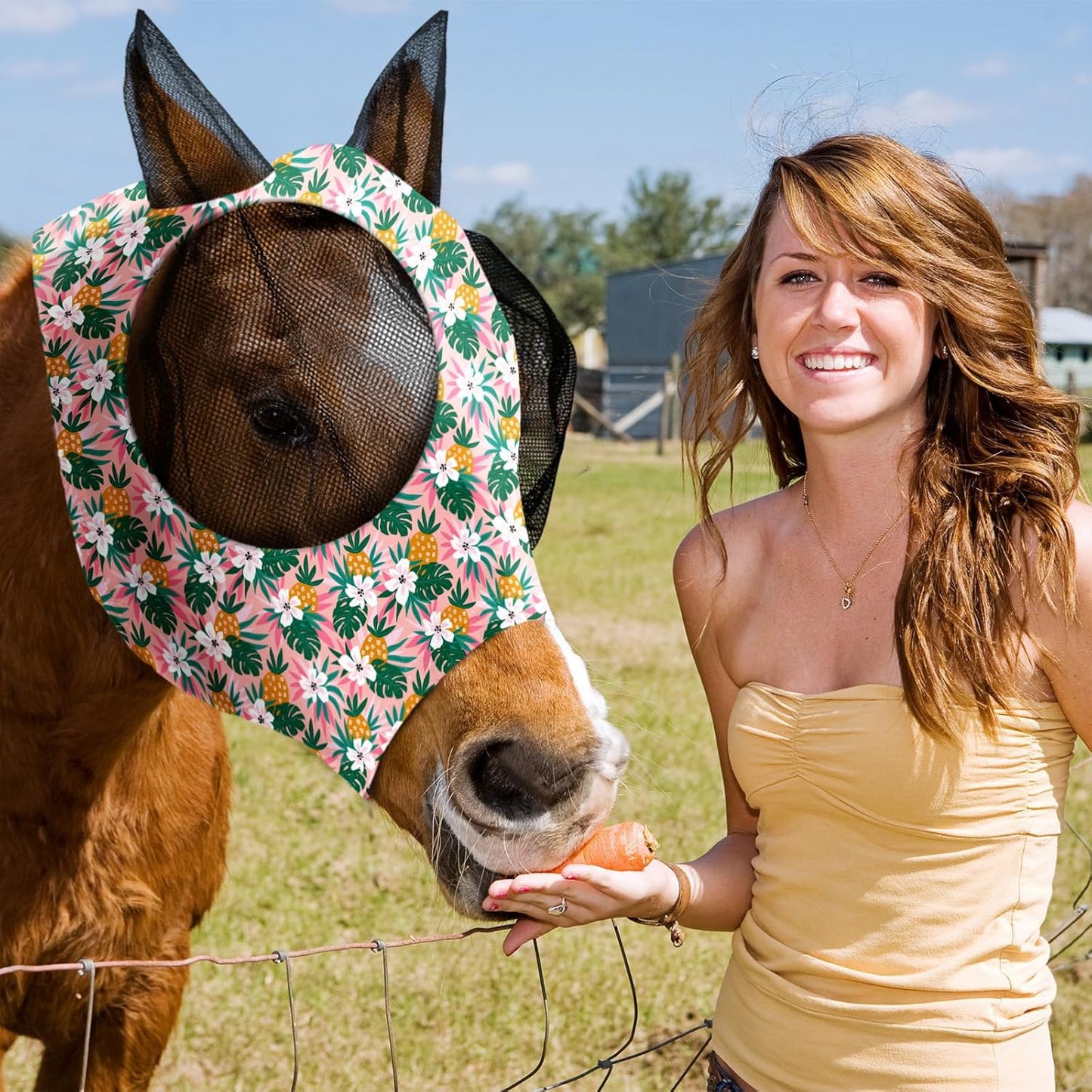 Frienda 4 Pieces Horse Fly Masks with Ears Face Covering UV Protection from Insect Pests Elasticity Smooth Comfortable Mesh Horse Mask Accessories(Fruit,Large)