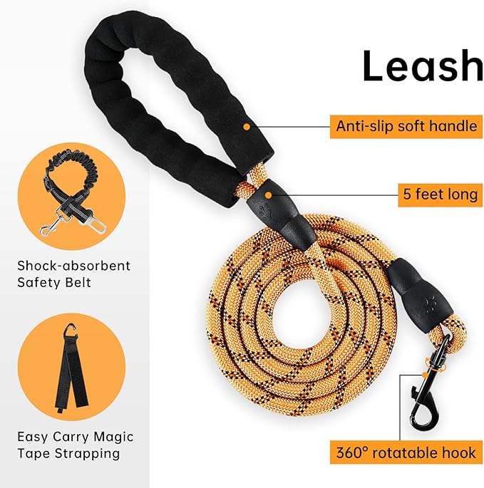 IVY&LANE No Pull Dog Harness for Large Dogs, Dog Vest Harness with Leash, Safety Belt and Storage Strap, Fully Adjustable Harness, 360° Reflective Strip, Soft Handle (Orange,X-Large)