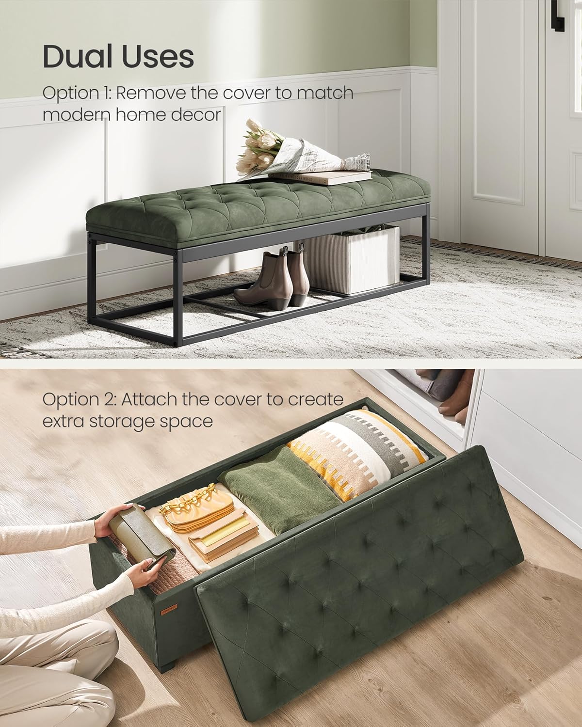 SONGMICS Velvet Storage Ottoman Bench, Foot Rest with Legs, 15.7 x 43 x 15.7 Inches, End of Bed Bench, Storage Chest, Load up to 660 lb, for Living Room, Bedroom, Entryway, Forest Green ULSF089C01