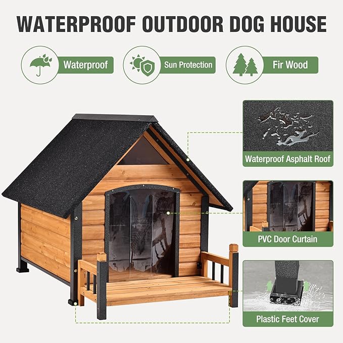 Dog House Outdoor with Anti-Chewing Iron Frame, Weatherproof Dog Kennel with Porch and Raised Feet for Small Medium Large Dogs Indoor (Brown, 45" x 32.9" x 32.6")