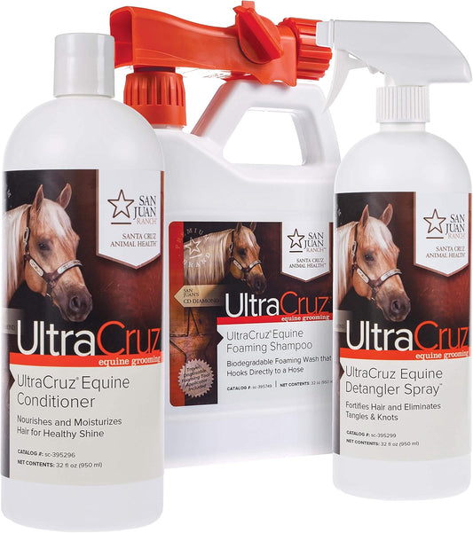UltraCruz Equine Foaming Horse Shampoo, Conditioner Bundle, 32 oz Each with 16 oz Detangler