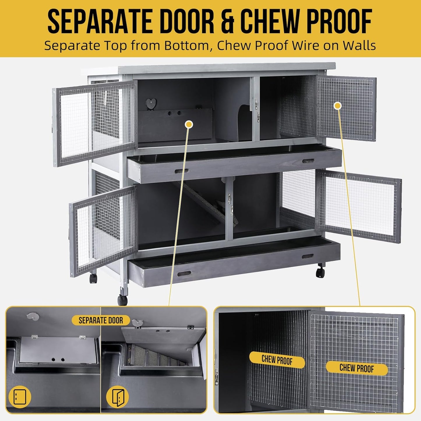 Rabbit Hutch Bunny Cage Indoor Outdoor with Wheel Deeper Tray Chew Proof Guinea Pig Cages 2 Decks Large Rabbit House with 4 Wooden Doors Weatherproof 41.3" L*17.3" W*41.3" H