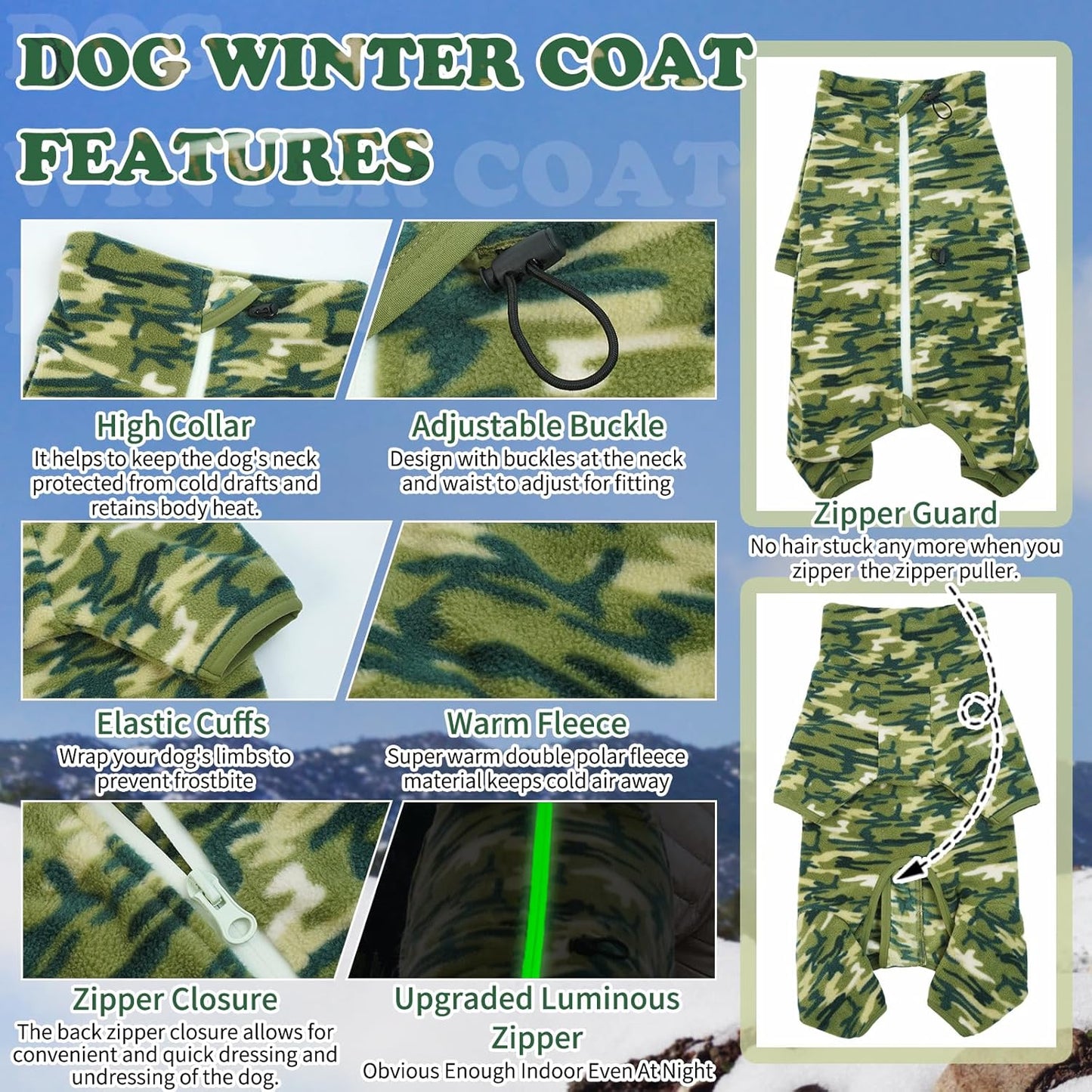 ROZKITCH Extra Large Dog Sweater, Pet Windproof Warm Cold Weather Jacket Vest with Luminous Zipper, Jumpsuit Apparel Outfit Clothes for Large Giant Dog Camo 4XL