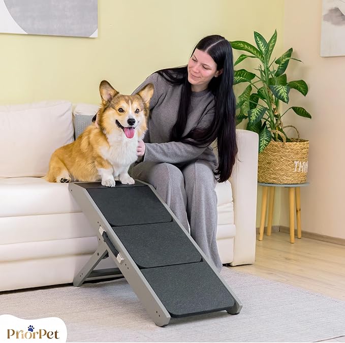 Dog Steps for Bed & Couch 2-in-1 Dog Stairs/Ramp - Height Adjustable Dog Ramp for Couch 7” - 20” - Pet Stairs, Dog Stairs for Small Dogs - Easy to Move Pet Steps with Landing Platform, Gray