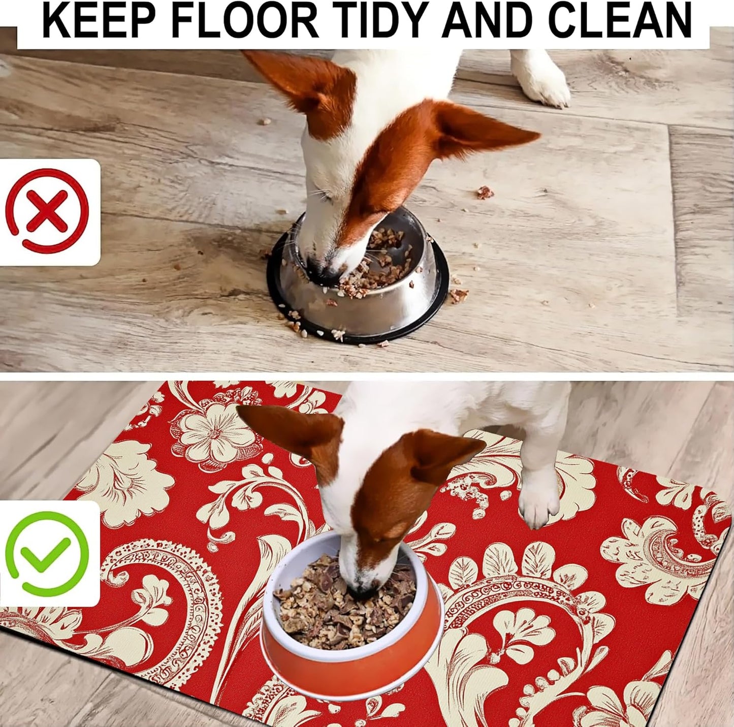 Red White Paisley Dog Food Mat-Absorbent Pet Feeding Mat for Food and Water Bowl, Quick Dry Dog Placemat with Rubber Backing-No Stains Pet Supplies for Messy Drinkers 12"x20"